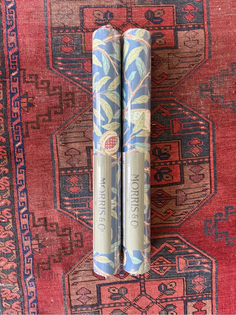 2 Rolls Morris & Co. Bird & Pomegranate Wallpaper Blue/Sage 212540 – New